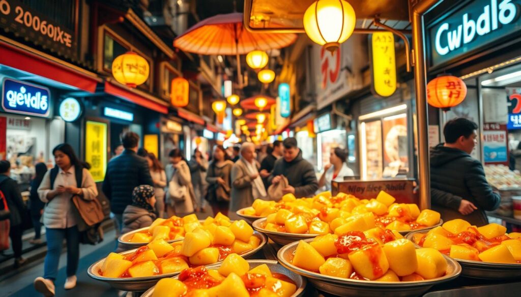 A vibrant street scene in Seoul, South Korea. In the foreground, a vendor's cart overflows with steaming plates of tteokbokki - plump, chewy rice cakes simmered in a spicy, savory sauce. The aroma wafts through the air, drawing passersby to the cart. In the middle ground, colorful umbrellas and neon signs illuminate the bustling alley, packed with locals and tourists enjoying the iconic Korean street food. In the background, traditional hanok-style buildings and neon-lit shop fronts create a sense of timeless cultural heritage. Warm, diffused lighting casts a golden glow, evoking the lively energy and rich culinary traditions of the Korean street food scene.