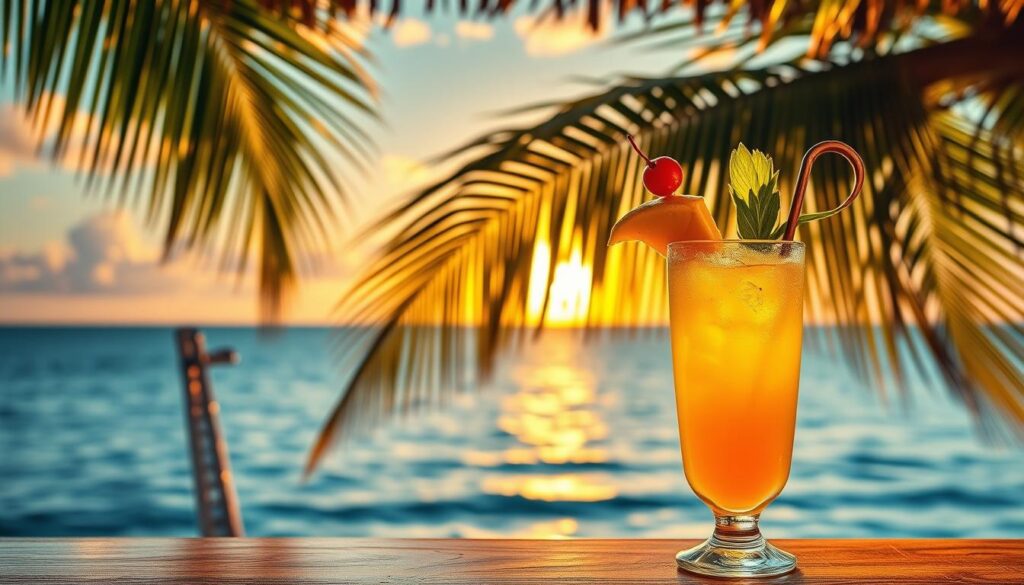 A vibrant tropical scene, captured in the style of a vintage travel poster. In the foreground, a classic Mai Tai cocktail stands atop a wooden bar, its colorful layers and garnish inviting the viewer to take a sip. In the middle ground, a lush palm tree sways gently, its fronds casting dappled shadows across the scene. The background features a picturesque sunset over a tranquil ocean, the golden hues reflecting off the surface of the water. The lighting is warm and inviting, evoking the relaxed and carefree atmosphere of a tropical paradise. The composition is balanced and visually appealing, capturing the timeless allure of the Mai Tai cocktail and its Polynesian origins.