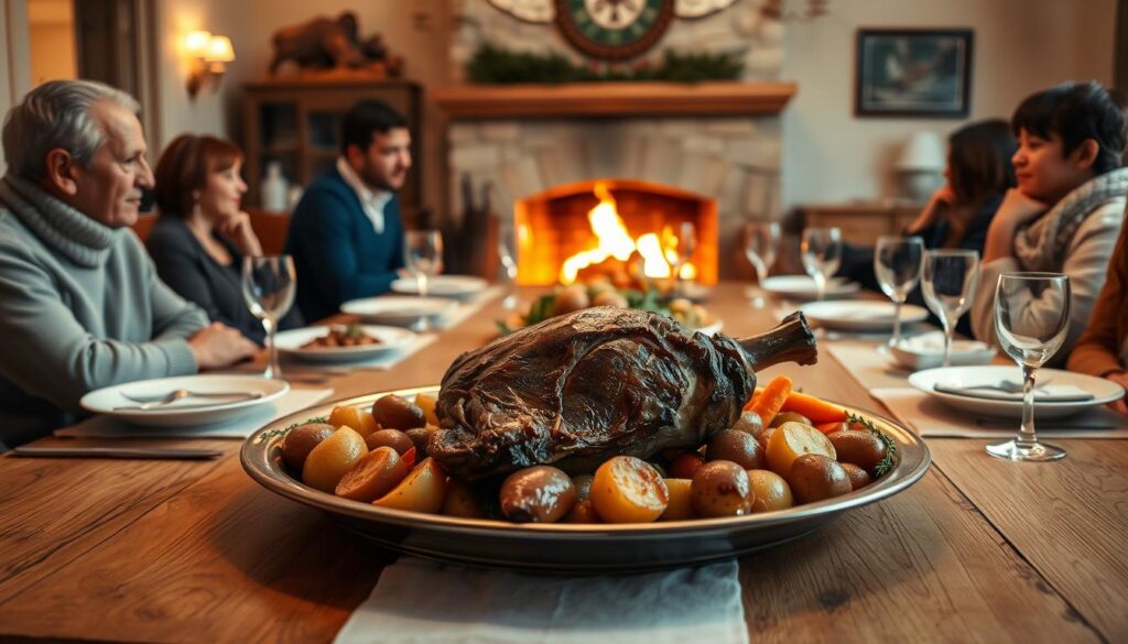 A warm, cozy family dining room on a winter evening. A large oak table in the foreground, set with a white linen tablecloth, china plates, and sparkling glassware. In the center, a succulent roasted chuck roast rests on a platter, surrounded by roasted vegetables - potatoes, carrots, and onions. The rich aroma fills the air. In the background, a crackling fireplace casts a soft, golden glow, while family members converse animatedly around the table, creating an atmosphere of comfort and togetherness. Soft, indirect lighting illuminates the scene, highlighting the textures and colors. A sense of tradition and nourishment permeates the space.