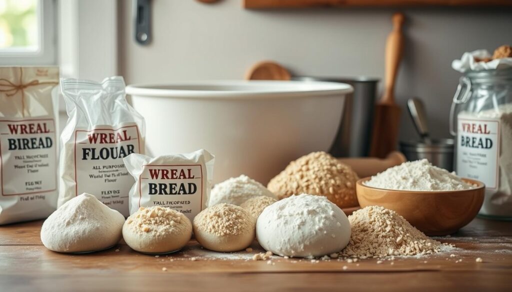 A well-lit, close-up image of an assortment of different types of flour on a wooden table. In the foreground, several varieties of flour are neatly arranged, including all-purpose, bread, and whole wheat. In the middle ground, a bagel dough bowl and a few kitchen tools, such as a rolling pin and a flour sifter, are visible. The background showcases a simple, rustic setting with natural lighting, suggesting a cozy, artisanal atmosphere. The image conveys a sense of care and attention to the selection of the right flour for the perfect bagel recipe.