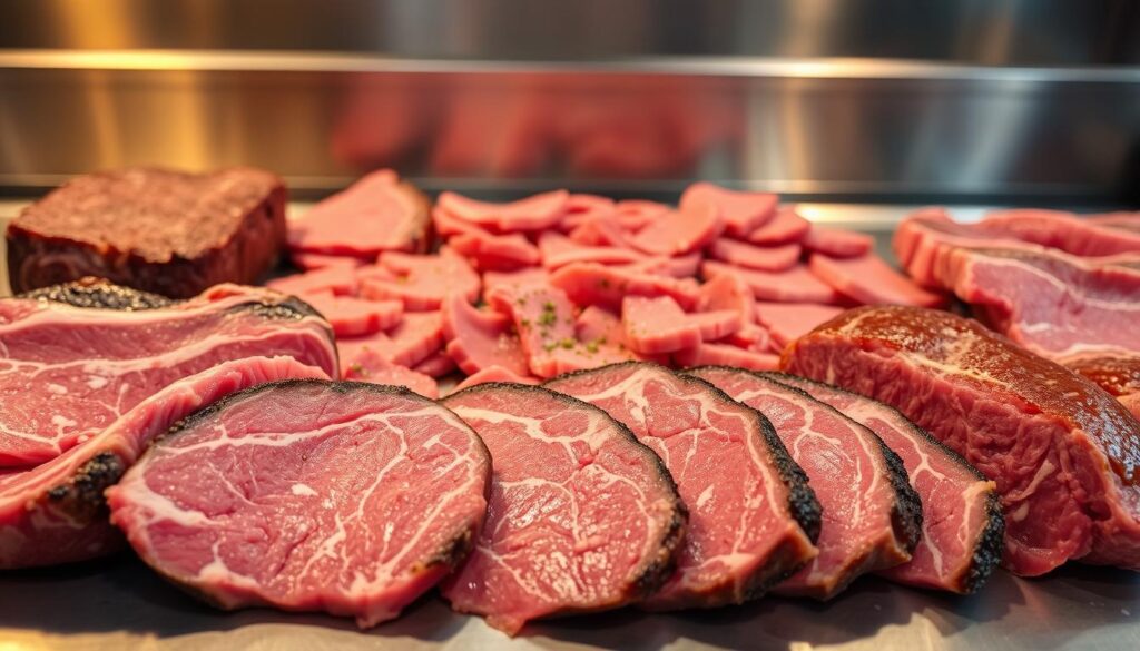 A well-lit close-up shot of an assortment of premium beef cuts commonly used in authentic Philly cheesesteaks. In the foreground, thick slices of marbled ribeye, flank steak, and top round are arranged neatly, showcasing their distinct textures and shades of pink. The middle ground features a selection of seasoned, thinly-sliced beef ready for searing on a hot griddle. In the background, a clean, stainless steel surface reflects the warm, golden lighting, creating a professional, culinary atmosphere. The lighting is soft and directional, emphasizing the glistening, juicy appearance of the meat.