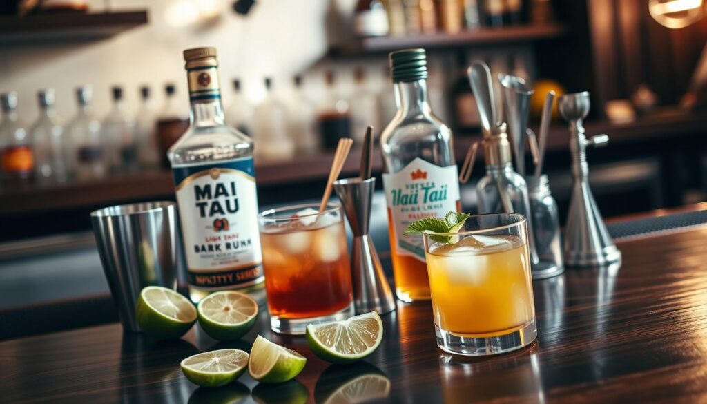 A well-lit, high-resolution close-up image of an elegant dark wooden bar top displaying the essential ingredients and equipment for crafting a classic Mai Tai cocktail. In the foreground, a bottle of light and dark rum, fresh lime wedges, and a cocktail shaker. In the middle ground, a vintage-style muddler, a jigger, and a bottle of orgeat syrup. In the background, a set of sleek bar tools like a citrus juicer, a bar spoon, and a Hawai'ian-themed cocktail garnish. The scene is bathed in warm, soft lighting, capturing the inviting and exotic atmosphere of a tiki-inspired home bar.