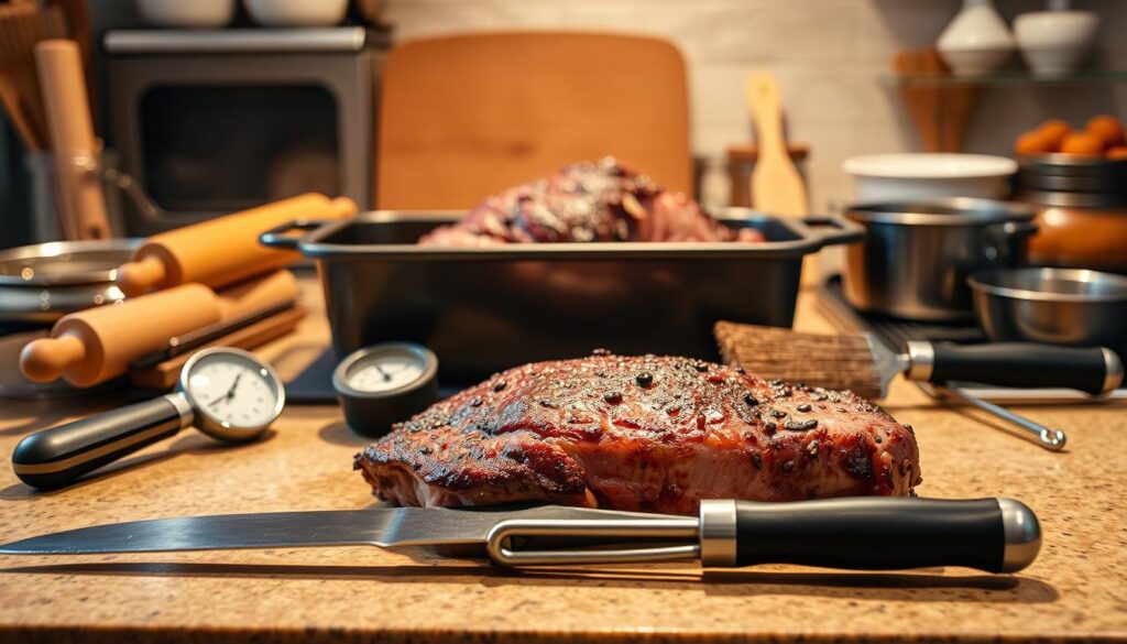 A well-lit kitchen counter showcases an assortment of essential tools for roasting a succulent chuck roast. In the foreground, a sharp carving knife, meat thermometer, and tongs lie neatly arranged. In the middle ground, a heavy-duty roasting pan and sturdy basting brush stand ready. The background features a rolling pin, measuring cups, and other baking essentials, hinting at the wider culinary context. The lighting is warm and natural, casting a cozy glow over the scene, inviting the viewer to imagine the delicious meal to come.