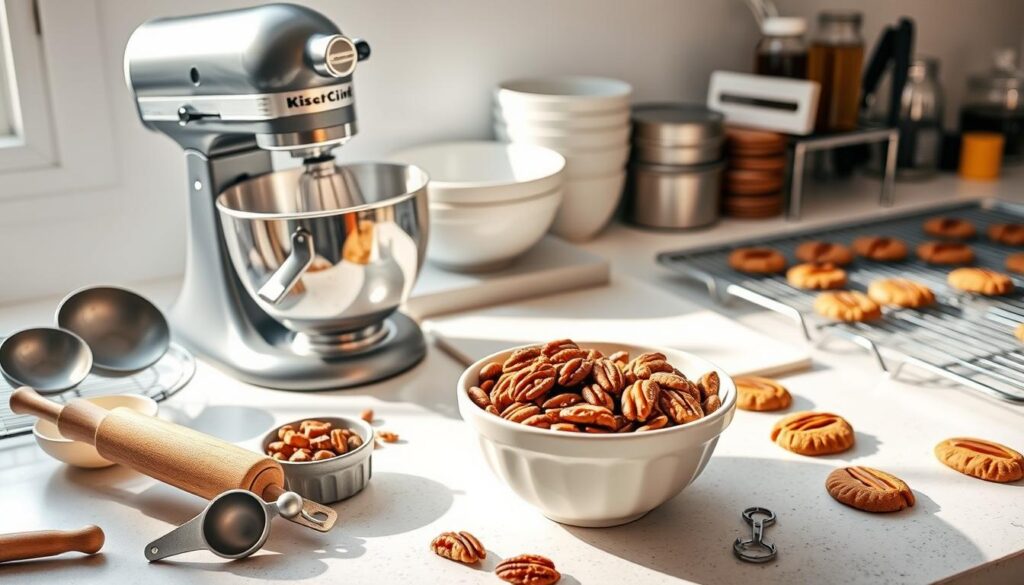 A well-lit kitchen counter, softly illuminated by natural light, showcases an arrangement of baking tools for crafting delectable pecan cookies. In the foreground, a set of measuring spoons, a whisk, and a rolling pin stand ready, complemented by a ceramic bowl brimming with pecans. In the middle ground, a stand mixer with its whisk attachment hints at the creamy, airy texture to come. Alongside, a flat baking sheet and a cooling rack anticipate the warm, golden-brown cookies. The background features neatly stacked mixing bowls, a sifter, and a jar of vanilla extract, creating a harmonious scene of culinary preparedness. A well-lit kitchen counter, softly illuminated by natural light, showcases an arrangement of baking tools for crafting delectable pecan cookies. In the foreground, a set of measuring spoons, a whisk, and a rolling pin stand ready, complemented by a ceramic bowl brimming with pecans. In the middle ground, a stand mixer with its whisk attachment hints at the creamy, airy texture to come. Alongside, a flat baking sheet and a cooling rack anticipate the warm, golden-brown cookies. The background features neatly stacked mixing bowls, a sifter, and a jar of vanilla extract, creating a harmonious scene of culinary preparedness.