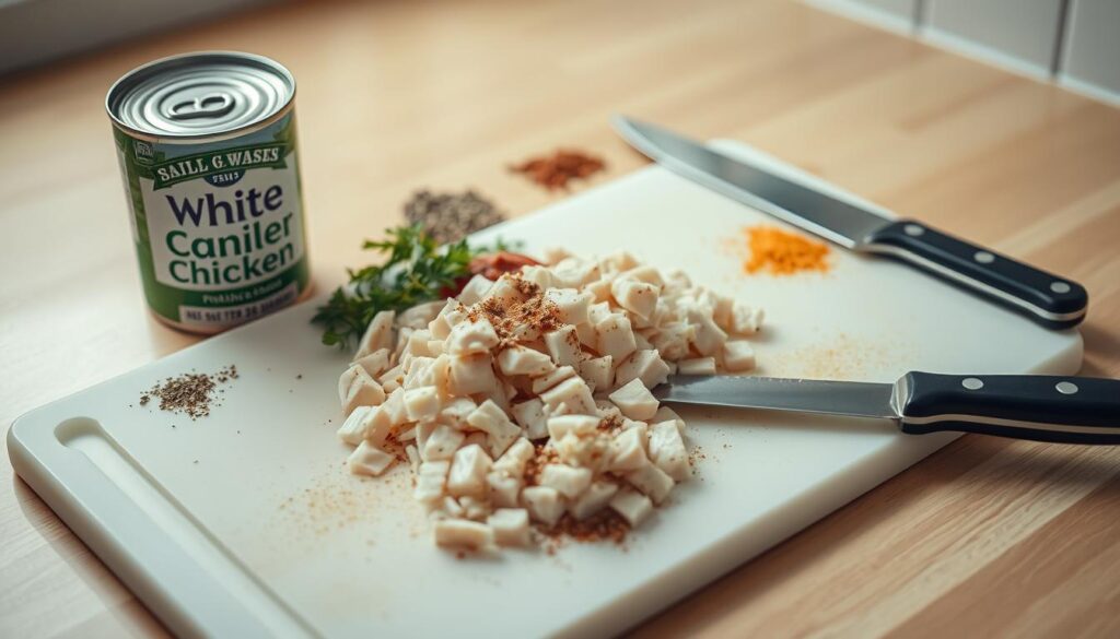 A well-lit kitchen countertop with a cutting board, a can of white chicken, a sharp knife, and various herbs and spices arranged neatly around it. The chicken is being carefully prepared, with diced pieces and a sprinkle of seasonings visible. The background has a soft, warm tone, creating a cozy and inviting atmosphere. The overall composition focuses on the preparation process, highlighting the essential tips for working with canned chicken, such as draining, shredding, and adding flavor.