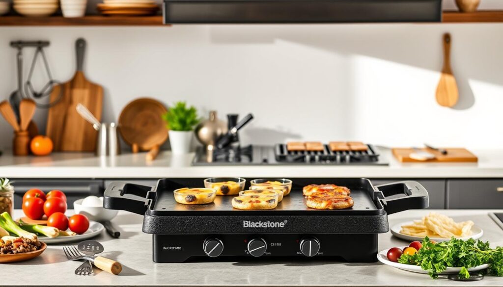 A well-lit, professional photograph of a Blackstone griddle in a kitchen setting, displaying various cooking tips and techniques. The griddle is the central focus, surrounded by various kitchen utensils, ingredients, and a clean, minimalist background. The image conveys a sense of culinary expertise and showcases the versatility of the Blackstone griddle for preparing a variety of dishes. The lighting is soft and natural, highlighting the textures and colors of the cooking surface and the surrounding elements. The camera angle is slightly elevated, providing a clear and unobstructed view of the griddle and its features.