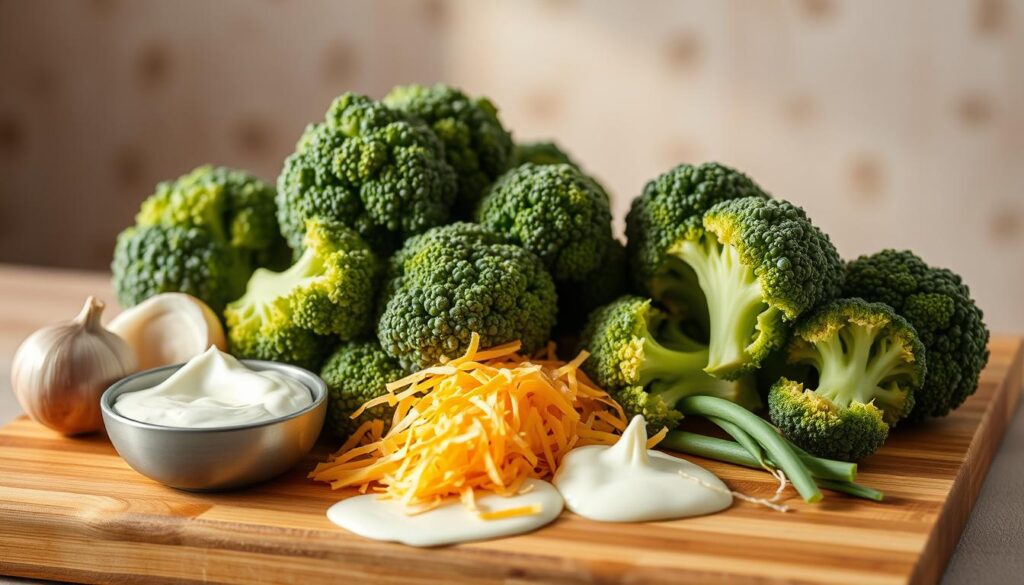 A well-lit still life featuring an assortment of fresh broccoli florets, sliced onions, garlic cloves, cream cheese, shredded cheddar, and a splash of heavy cream arranged on a wooden cutting board. The ingredients are set against a soft, blurred background that evokes the cozy, homey atmosphere of a kitchen. The lighting is warm and natural, accentuating the vibrant colors and textures of the produce. The composition is balanced and inviting, hinting at the rich, creamy flavors of a delectable broccoli casserole or soup.