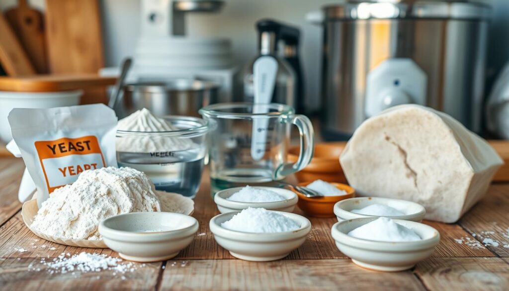 A well-lit still life image of a selection of key bread machine ingredients arranged neatly on a rustic wooden tabletop. In the foreground, a collection of freshly milled flour, yeast packets, and salt crystals in small ceramic dishes. In the middle ground, a measuring cup filled with water, a spoon, and a small bowl of sugar. In the background, a stand mixer, a bread machine, and a few other baking tools. The lighting is soft and natural, accentuating the textures and colors of the ingredients. The overall scene conveys a sense of preparation and anticipation for homemade bread perfection.