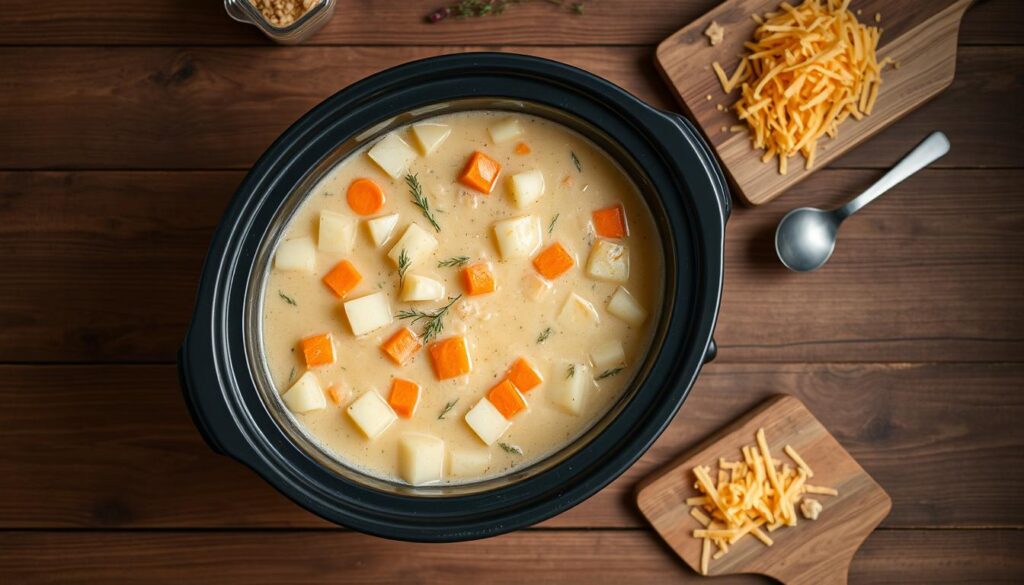 A well-lit, top-down view of a rustic wooden kitchen counter, with a crockpot in the center filled with a thick, creamy potato soup. Chunks of tender potatoes, slivers of carrot, and sprigs of fresh thyme float in the bubbling broth. Nearby, a cutting board holds sliced scallions, shredded cheddar cheese, and a ladle ready to serve the hearty soup. The scene is bathed in a warm, natural light, evoking the comforting aroma of a homemade meal simmering to perfection.