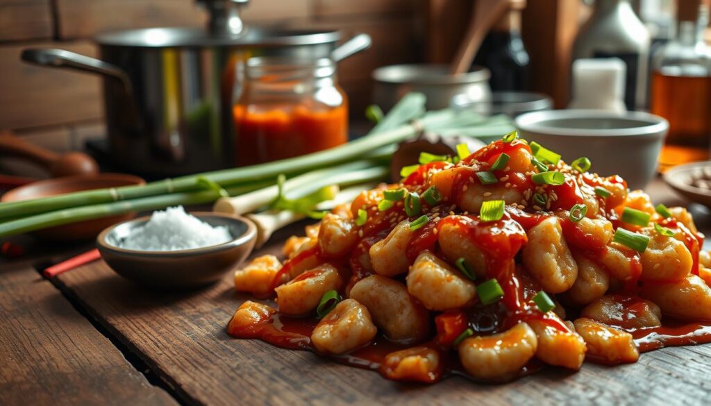 Beautifully lit high-resolution close-up shot of various tteokbokki ingredients laid out on a rustic wooden table. In the foreground, a pile of chewy rice cakes, glistening with a sticky sauce, garnished with vibrant scallions and toasted sesame seeds. In the middle ground, a glass jar of gochujang (Korean chili paste), a bundle of green onions, and a small bowl of sugar. In the background, a saucepan, a wooden spoon, and a bottle of soy sauce, creating a sense of a well-stocked Korean kitchen. Soft natural lighting from the side illuminates the scene, casting gentle shadows and highlighting the textures and colors of the ingredients. The overall mood is warm, inviting, and quintessentially Korean.
