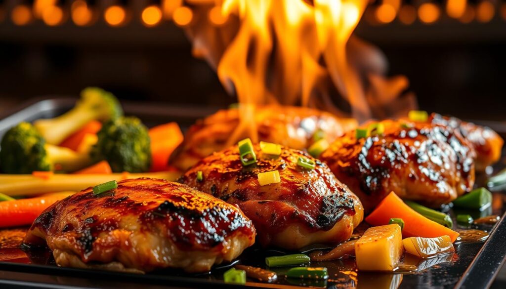 Blackstone Recipes Chicken Thighs Hibachi Style - A mouthwatering close-up of juicy, flame-grilled chicken thighs glistening with a caramelized Asian-inspired glaze, arranged on a modern Blackstone griddle. Vibrant vegetables like broccoli, carrots, and scallions add pops of color, while a light soy and sesame oil sauce gives the dish a savory umami punch. Dramatic high-contrast lighting from the searing hibachi flames casts a warm, theatrical glow, creating an evocative, sizzling atmosphere. Dramatic angles and a shallow depth of field draw the viewer's eye to the delectable chicken, conveying the mouthwatering allure of this Blackstone-made Hibachi-style delight.