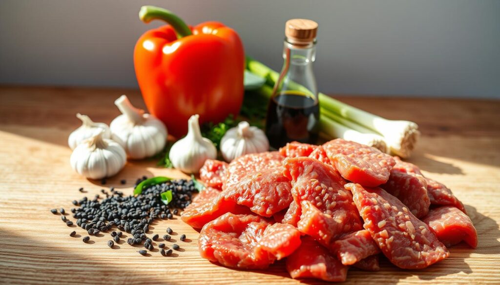 Bright, high-contrast still life of essential ingredients for a savory pepper steak dish, arranged on a clean, textured wooden surface with natural lighting from the side. In the foreground, thick-cut beef strips, freshly ground black peppercorns, and a halved bell pepper. In the middle ground, whole garlic cloves, soy sauce in a small glass bottle, and fresh green onions. The background features a neutral, soft-focus backdrop to allow the ingredients to stand out. The overall mood is crisp, appetizing, and ready to inspire a delicious home-cooked meal.