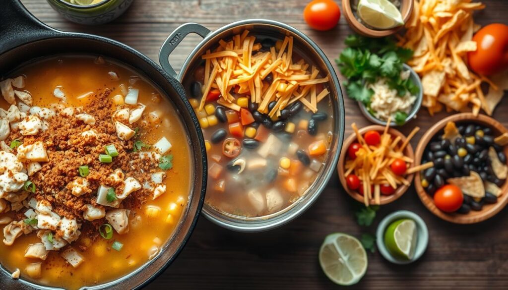 Chicken Taco Soup Preparation: A vibrant, top-down scene showcasing the layered process. In the foreground, diced chicken, taco seasoning, and chopped onions sizzle in a cast-iron skillet under warm, natural lighting. The middle ground features a large pot of simmering broth, with colorful vegetables like corn, black beans, and tomatoes being added. In the background, an assortment of taco toppings - shredded cheese, crispy tortilla strips, fresh cilantro, and a squeeze of lime - are arranged neatly, hinting at the flavorful final dish. The composition is balanced, with a clean, rustic aesthetic that captures the comforting essence of homemade chicken taco soup.