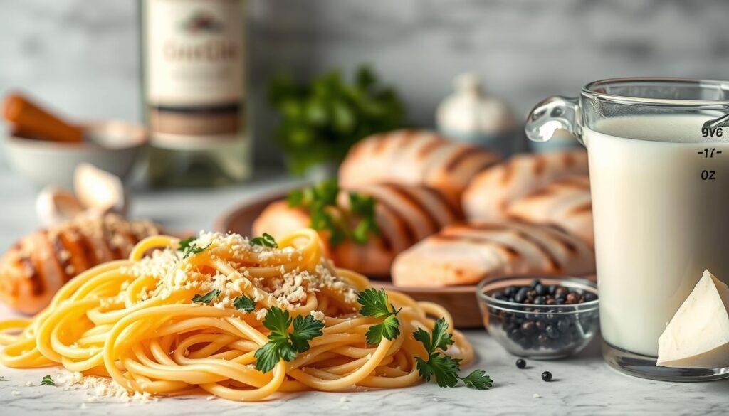 Crisp, evenly-lit tabletop scene showcasing the essential ingredients for a creamy Chicken Alfredo dish. In the foreground, a pile of fettuccine pasta, grated Parmesan cheese, and freshly chopped parsley. In the middle ground, juicy grilled chicken breasts and a glass measuring cup filled with heavy cream. In the background, a bottle of white wine, garlic cloves, and a small bowl of cracked black pepper. The composition is balanced, with a warm, inviting atmosphere created by soft, diffused lighting from an overhead source. Captured with a shallow depth of field using a 50mm lens to gently blur the background and draw the eye to the delicious, high-quality ingredients. Crisp, evenly-lit tabletop scene showcasing the essential ingredients for a creamy Chicken Alfredo dish. In the foreground, a pile of fettuccine pasta, grated Parmesan cheese, and freshly chopped parsley. In the middle ground, juicy grilled chicken breasts and a glass measuring cup filled with heavy cream. In the background, a bottle of white wine, garlic cloves, and a small bowl of cracked black pepper. The composition is balanced, with a warm, inviting atmosphere created by soft, diffused lighting from an overhead source. Captured with a shallow depth of field using a 50mm lens to gently blur the background and draw the eye to the delicious, high-quality ingredients.