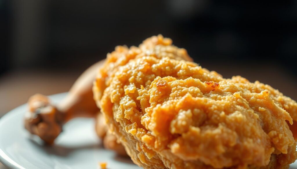 Crisp golden-brown fried chicken, freshly out of the oil, with a thick, crunchy outer coating. The drumstick is positioned prominently in the foreground, angled to showcase the textures and layers. In the middle ground, a second piece of chicken is visible, revealing the interior juiciness and tenderness. Soft lighting from above casts an inviting glow, emphasizing the delicate balance of crispiness and moisture. The background is blurred, keeping the focus solely on the star of the dish - the double-coated, perfectly fried chicken.