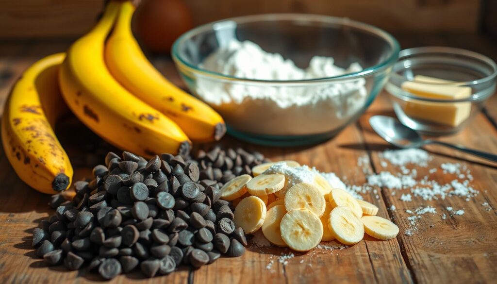 Freshly baked chocolate chip banana bread ingredients artfully arranged on a rustic wooden table. In the foreground, a pile of ripe bananas, their skins flecked with brown spots, alongside a pile of semisweet chocolate chips. In the middle ground, a glass mixing bowl filled with all-purpose flour, sugar, baking soda, and a pinch of salt. In the background, a pat of butter, a cracked egg, and a measuring spoon, all casting soft shadows under the warm, natural lighting. The overall scene evokes a comforting, homemade atmosphere, perfect for baking the ultimate chocolate chip banana bread.
