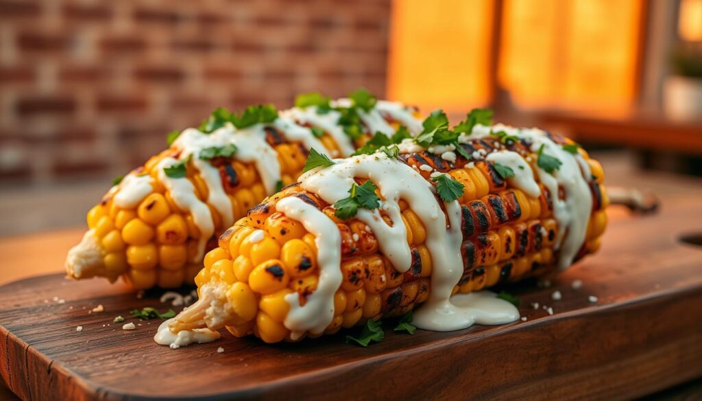 Grilled Mexican street corn, fresh off the cob, dripping with a creamy, tangy sauce of mayonnaise, cotija cheese, lime juice, and spices. The corn cobs are charred to perfection, their kernels glistening in the warm light. A sprinkle of chopped cilantro adds a vibrant, herbaceous note. Served on a rustic wooden board, the classic street food is ready to be enjoyed. The scene is set against a backdrop of a warm, sunset-hued urban environment, with a hint of brick and mortar in the distance. A tantalizing, mouthwatering image that captures the essence of authentic Mexican street corn.