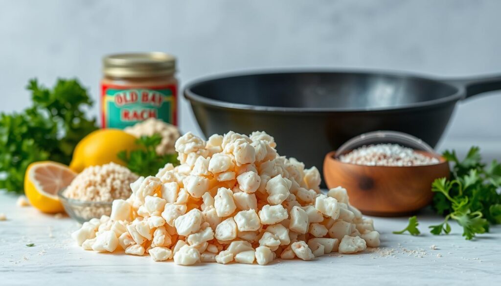 Ingredients for Perfect Crab Cake Recipe: A neatly arranged still life set against a bright, natural backdrop. In the foreground, a pile of fresh lump crab meat, its delicate texture and sweet flavor on full display. Surrounding it, a collection of essential ingredients - crisp panko breadcrumbs, finely chopped parsley, a squeeze of lemon, and a dusting of Old Bay seasoning. In the middle ground, a cast-iron skillet sizzles with oil, ready to transform these elements into golden-brown crab cakes. The lighting is soft and even, highlighting the vibrant colors and textures of the scene. An atmosphere of culinary anticipation pervades the frame, hinting at the delicious crab cakes to come.