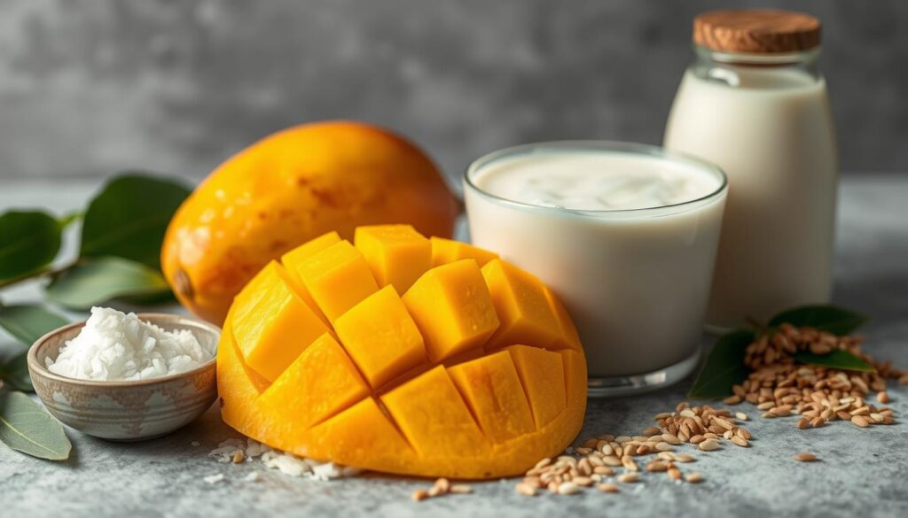 Mango Sticky Rice Ingredients: Ripe mangoes, aromatic jasmine rice, rich coconut milk, palm sugar, salt, and toasted sesame seeds. Arrange the ingredients in a serene, natural composition, with muted lighting and a soft, diffused focus, evoking the comforting and authentic flavors of this traditional Thai dessert. Capture the vibrant colors and textures of the fresh produce, the glossy sheen of the coconut milk, and the warm, earthy tones of the toasted sesame seeds. Convey a sense of rustic simplicity and wholesome goodness, as if plucked straight from a local Thai market.
