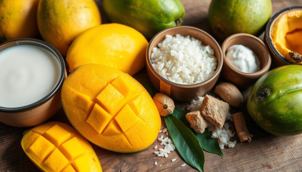 Mango Sticky Rice Ingredients Selection: A close-up, high-resolution photograph showcasing an assortment of fresh mangoes, sticky rice, coconut milk, palm sugar, and other essential components for the classic Thai dessert. The ingredients are arranged on a rustic wooden surface, with natural lighting casting soft shadows and highlights to accentuate their vibrant colors and textures. The overall composition emphasizes the quality and variety of the ingredients, inviting the viewer to imagine the flavor and aroma of the perfectly prepared Mango Sticky Rice.
