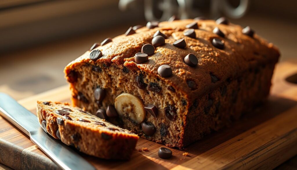 Moist and irresistible chocolate chip banana bread, fresh from the oven, resting on a wooden cutting board. The golden-brown crust is dotted with melted chocolate chips, inviting a closer look. Warm steam rises, hinting at the soft, dense crumb within. Sliced bananas are visible, their caramelized edges complementing the rich chocolate flavors. The image is bathed in warm, natural lighting, casting a cozy, homemade atmosphere. A stainless steel knife lies nearby, ready to slice into this tantalizing treat. The composition is balanced, highlighting the bread's irresistible texture and aroma, enticing the viewer to imagine the satisfying first bite.
