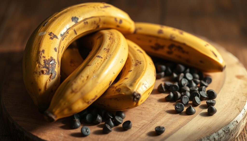 Overripe bananas, their skins mottled and bruised, sit atop a rustic wooden surface, casting soft shadows. The bananas are ripe to the point of bursting, their flesh a deep, inviting yellow. Nearby, a handful of chocolate chips spill across the board, their dark hues providing a delightful contrast. Warm, diffused lighting illuminates the scene, creating a cozy, homemade atmosphere. The overall composition conveys the perfect ingredients for a moist, flavorful chocolate chip banana bread, ready to be transformed into a delectable treat.