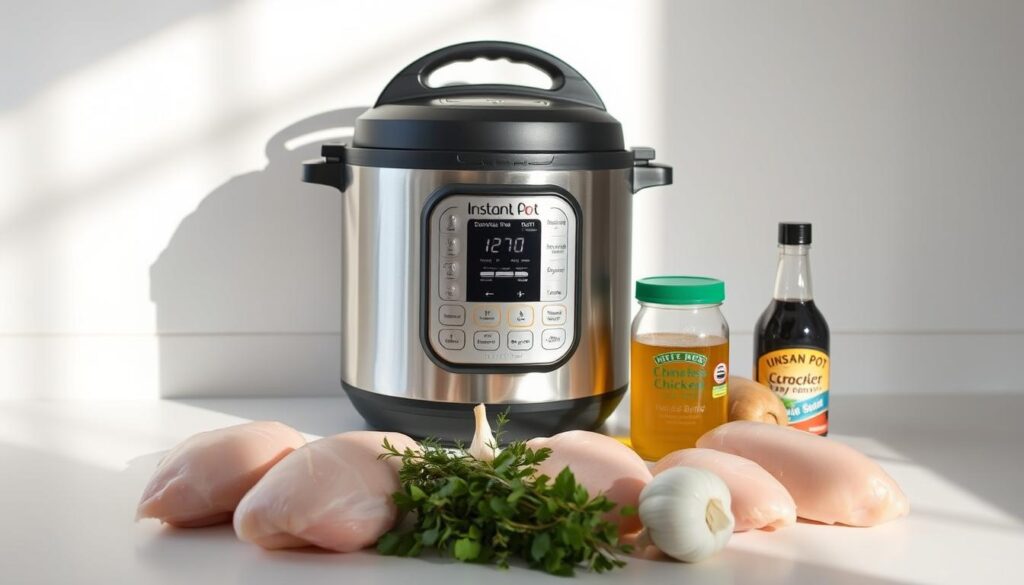 Soft natural lighting illuminates a clean white countertop. At the center, an Instant Pot electric pressure cooker stands proudly, its sleek stainless steel body gleaming. Surrounding it, a neatly arranged assortment of essential chicken recipe ingredients - boneless, skinless chicken breasts, a bundle of fresh thyme, a head of garlic, a jar of chicken broth, and a bottle of soy sauce. In the background, a plain white wall provides a clean, minimalist backdrop, allowing the appliance and ingredients to take center stage. The overall scene conveys a sense of culinary preparedness and efficiency, perfectly capturing the "Instant Pot Chicken Recipe Essentials" theme.
