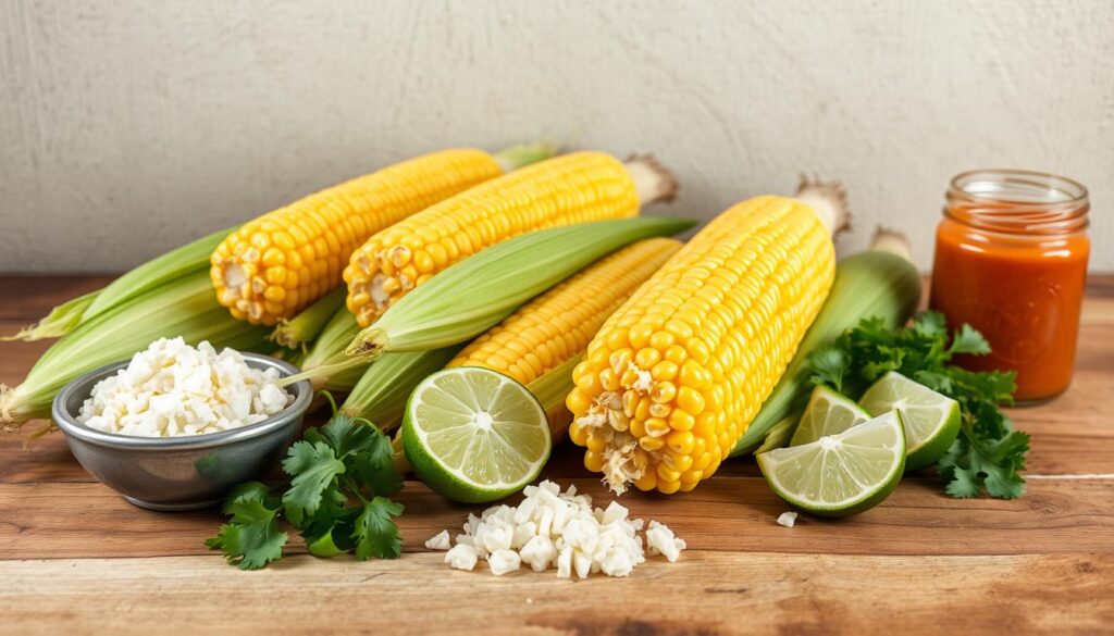 Vibrant Mexican street corn ingredients laid out on a rustic wooden surface. In the foreground, plump cobs of corn, freshly husked, their golden kernels glistening under warm, natural lighting. Surrounding them, an assortment of essential accompaniments: tangy crumbled cotija cheese, zesty lime wedges, fragrant cilantro sprigs, and a jar of creamy, smoky chipotle sauce. In the background, a neutral textured wall provides a simple backdrop, allowing the colorful produce to take center stage. The scene evokes the vibrant, authentic flavors of traditional Mexican street food, ready to be assembled into a delectable dish.