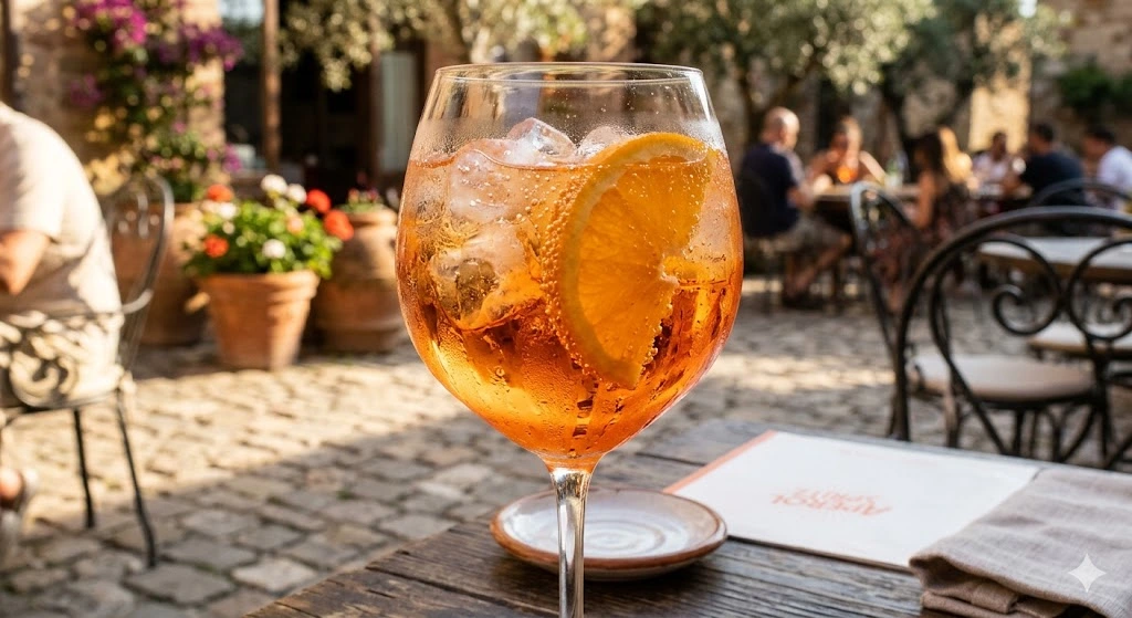 Close-up of a vibrant orange Aperol spritz recipe cocktail in a large wine glass filled with ice and garnished with a fresh orange slice on a sunny patio.
