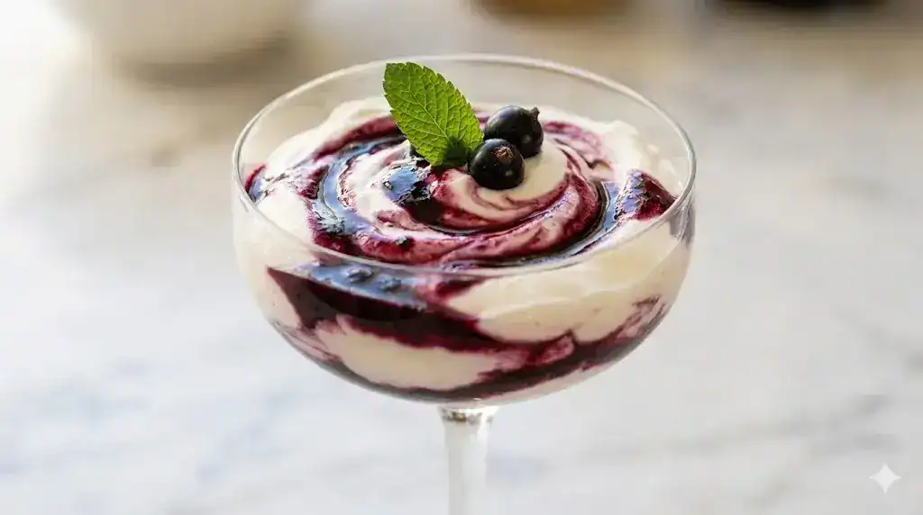 A glass coupe filled with fluffy no-bake cheesecake mousse, beautifully swirled with a glossy, dark purple black currant reduction and garnished with a fresh mint leaf.