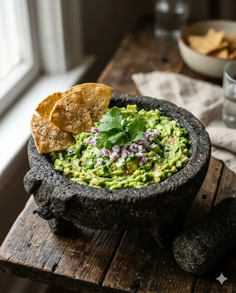 A rustic volcanic stone molcajete bowl filled with vibrant green chunky guacamole recipe, garnished with fresh cilantro sprigs and finely diced red onion, resting on a weathered wooden table with two dipping tortilla chips.