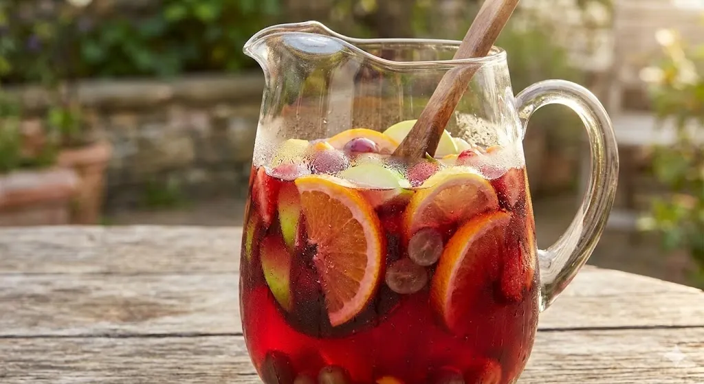 A frosty glass pitcher filled with easy red wine sangria recipe and fresh orange, apple, and lemon slices sitting on a rustic wooden table.