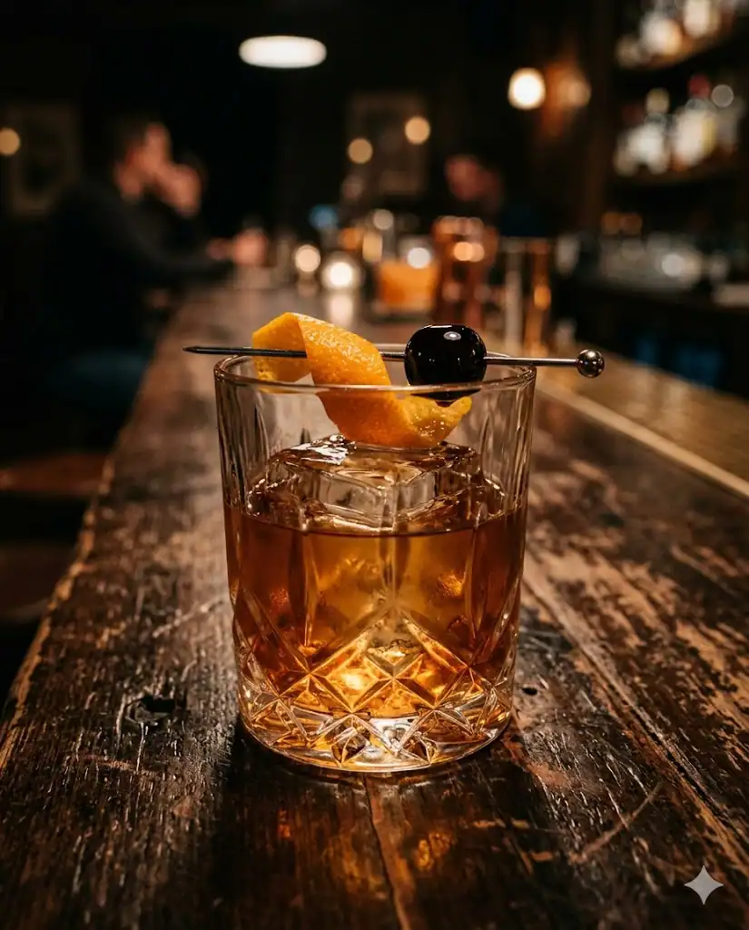 Close-up of a classic old fashioned recipe cocktail in a heavy crystal rocks glass with a large clear ice cube, garnished with a bright orange twist and a dark Luxardo cherry on a rustic wooden bar.