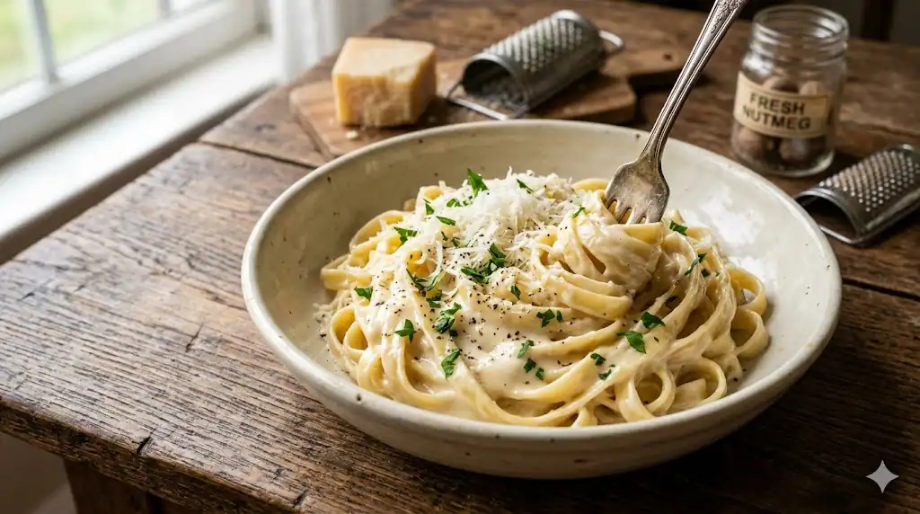 A close-up photograph of a vintage ceramic bowl filled with glossy Fettuccine Alfredo sauce recipe, garnished with fresh parsley and Parmesan cheese, sitting on a rustic wooden table with a silver fork twisting a portion of pasta.
