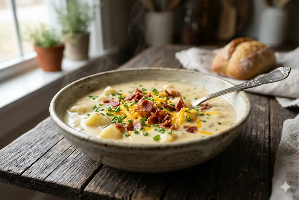A steaming, cozy bowl of creamy potato soup recipe topped generously with melted sharp cheddar cheese, crispy bacon bits, and fresh green chives, served on a rustic wooden table.