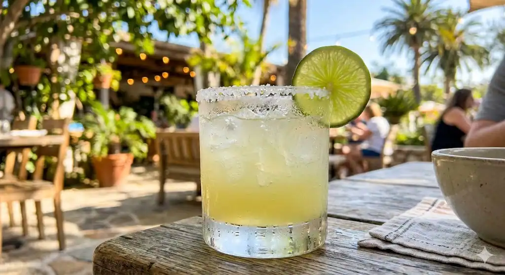 A classic margarita recipe cocktail served on the rocks in a heavily frosted, salted-rim rocks glass with condensation. It is filled with large ice cubes and a vibrant green lime wheel garnish. The background is a bright, sun-drenched outdoor patio with blurred greenery and palm trees, highlighting a refreshing summer vibe.