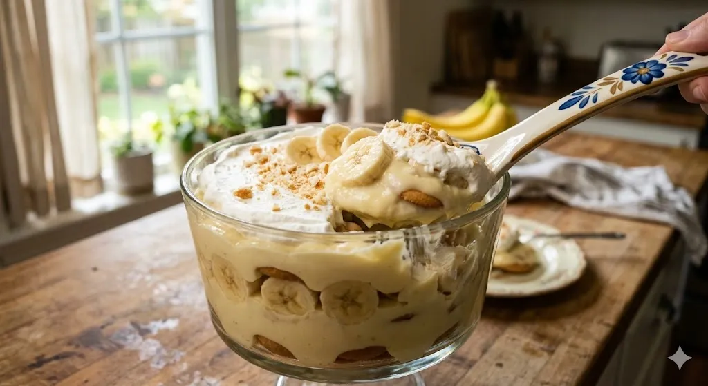 A large spoonful of classic Southern homemade Banana pudding recipe being scooped from a glass trifle bowl, showing layers of vanilla custard, bananas, and Nilla wafers.