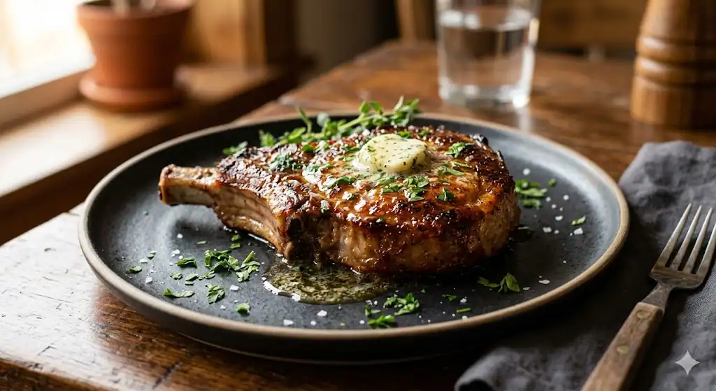 Close up of a golden brown, juicy pan-seared bone-in pork chop recipe topped with melting garlic butter and fresh herbs on a dark ceramic plate.