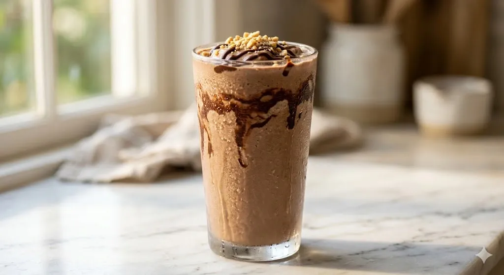 Close-up of a thick chocolate peanut butter protein shake recipes in a frosty glass, garnished with crushed peanuts and a chocolate drizzle on a marble countertop.