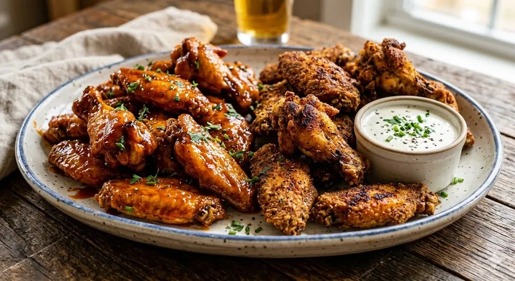 Hands using a paper towel to pat dry raw chicken wings on a wooden cutting board with a bowl of savory spices nearby.air fryer recipe
