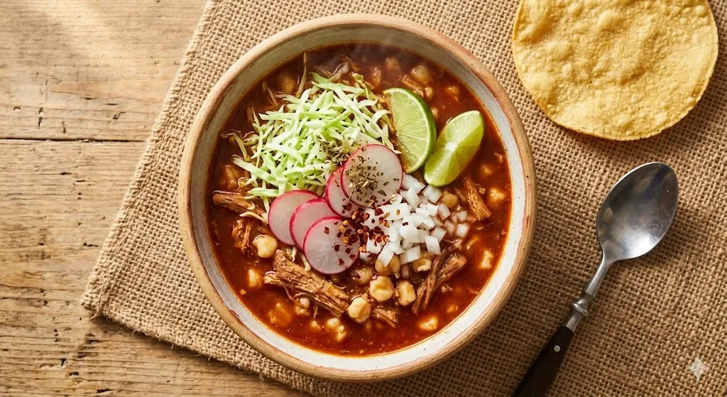 A steaming bowl of traditional pork pozole recipe with hominy, beautifully garnished with fresh shredded cabbage, sliced red radishes, diced white onions, and lime wedges next to a golden tostada.